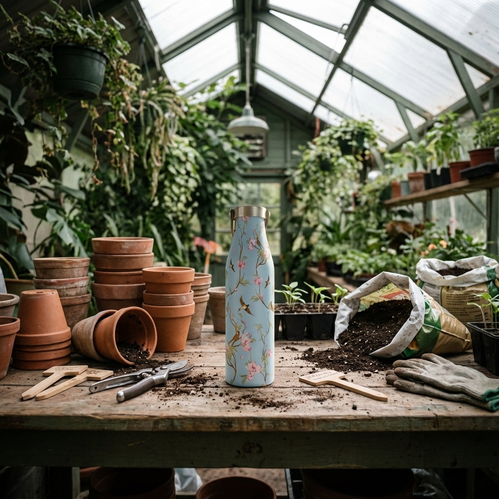 In-Use shot - Robson 21 oz insulated water bottle featuring a light blue background with pink cherry blossoms and brown birds, sitting on a sunlit wooden table.