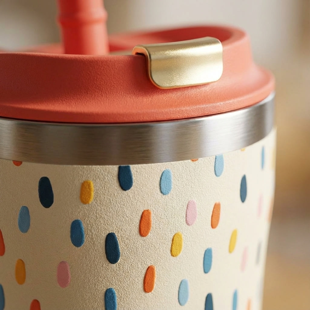 Detail shot - Off-white 16 oz insulated tumbler featuring colorful confetti dot pattern, coral lid with gold clasp, and straw sitting on a wooden table.