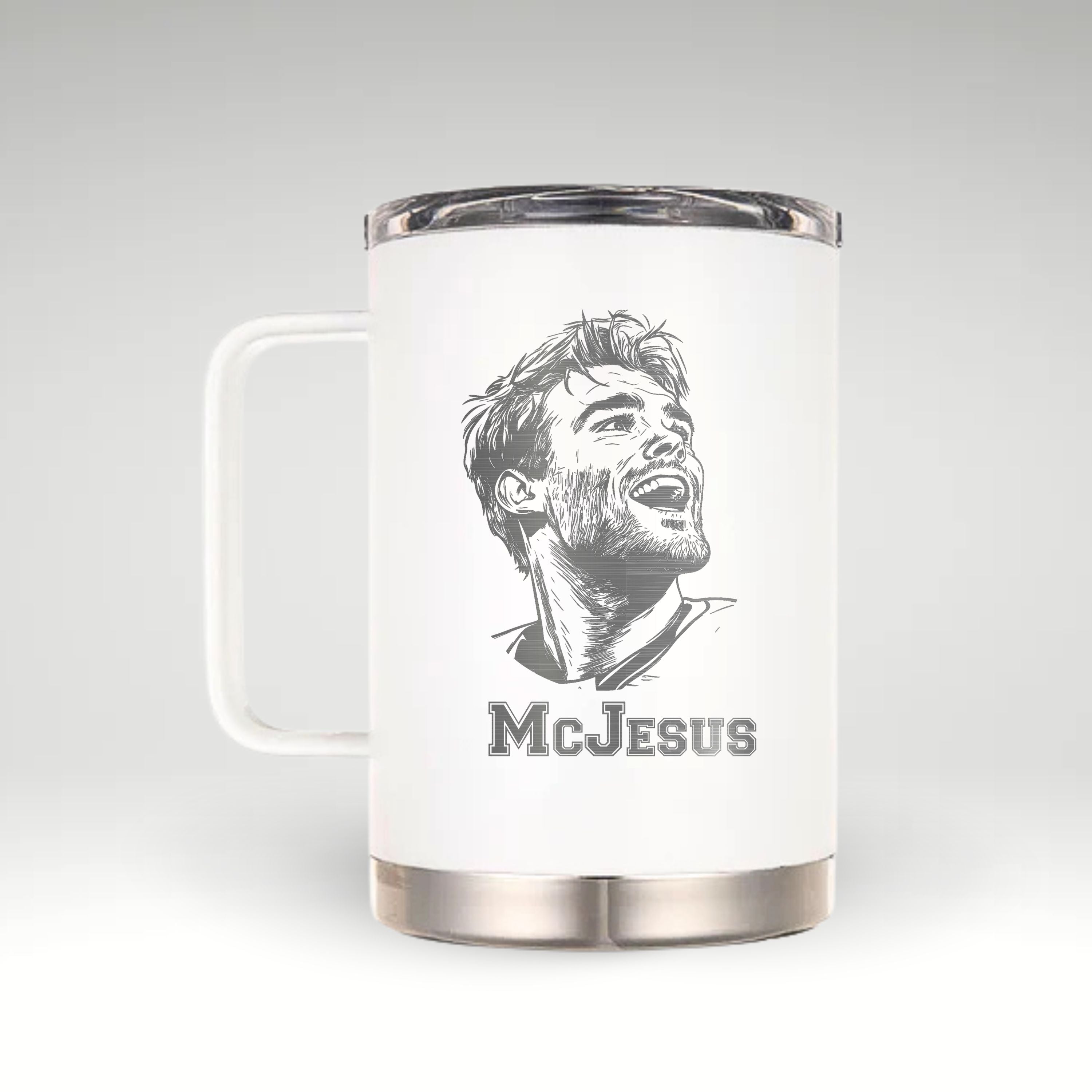 A white insulated mug with a stainless steel rim and handle, featuring a detailed black-and-white engraved illustration of a hockey player with a joyful expression. Below the illustration, the text "McJesus" is engraved in bold, stylized font. The design appears to celebrate the player's exceptional performance, likely referencing Connor McDavid.