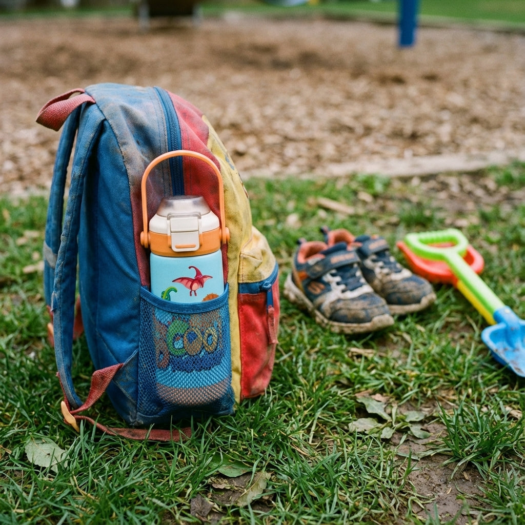 In-Use shot - LAMOSE Goose 14oz kids water bottle in light blue with orange accents, featuring cartoon dinosaurs and playful COOL Dinosaur text.