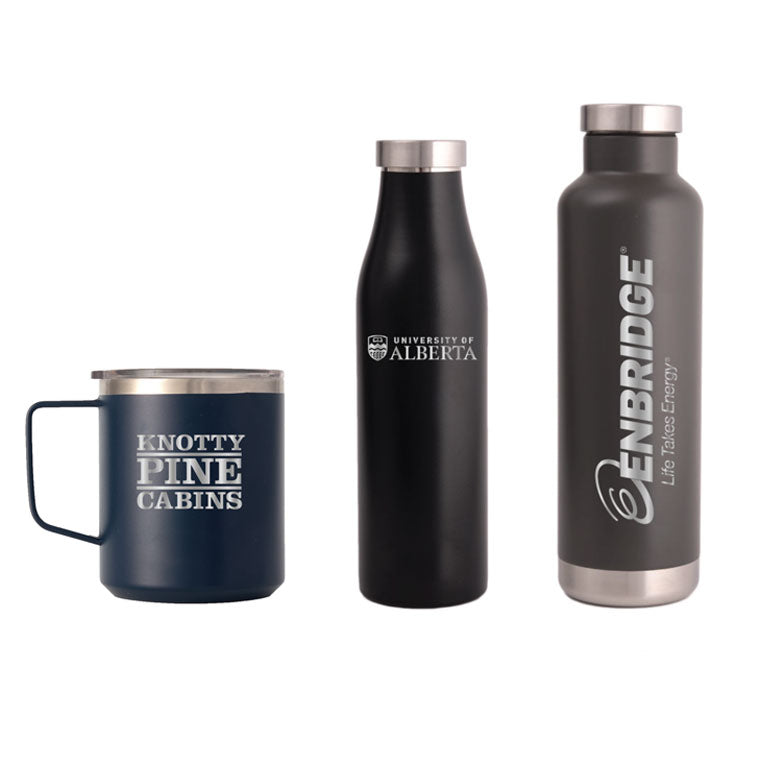 LAMOSE custom logo drinkware set: navy metal travel mug with handle, black insulated water bottle, charcoal grey metal bottle, front view.