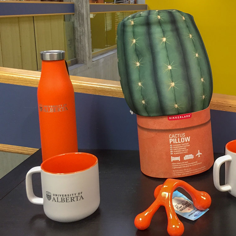 LAMOSE orange insulated bottle & white coffee mug with University of Alberta logo, upright on table. Corporate gift drinkware.