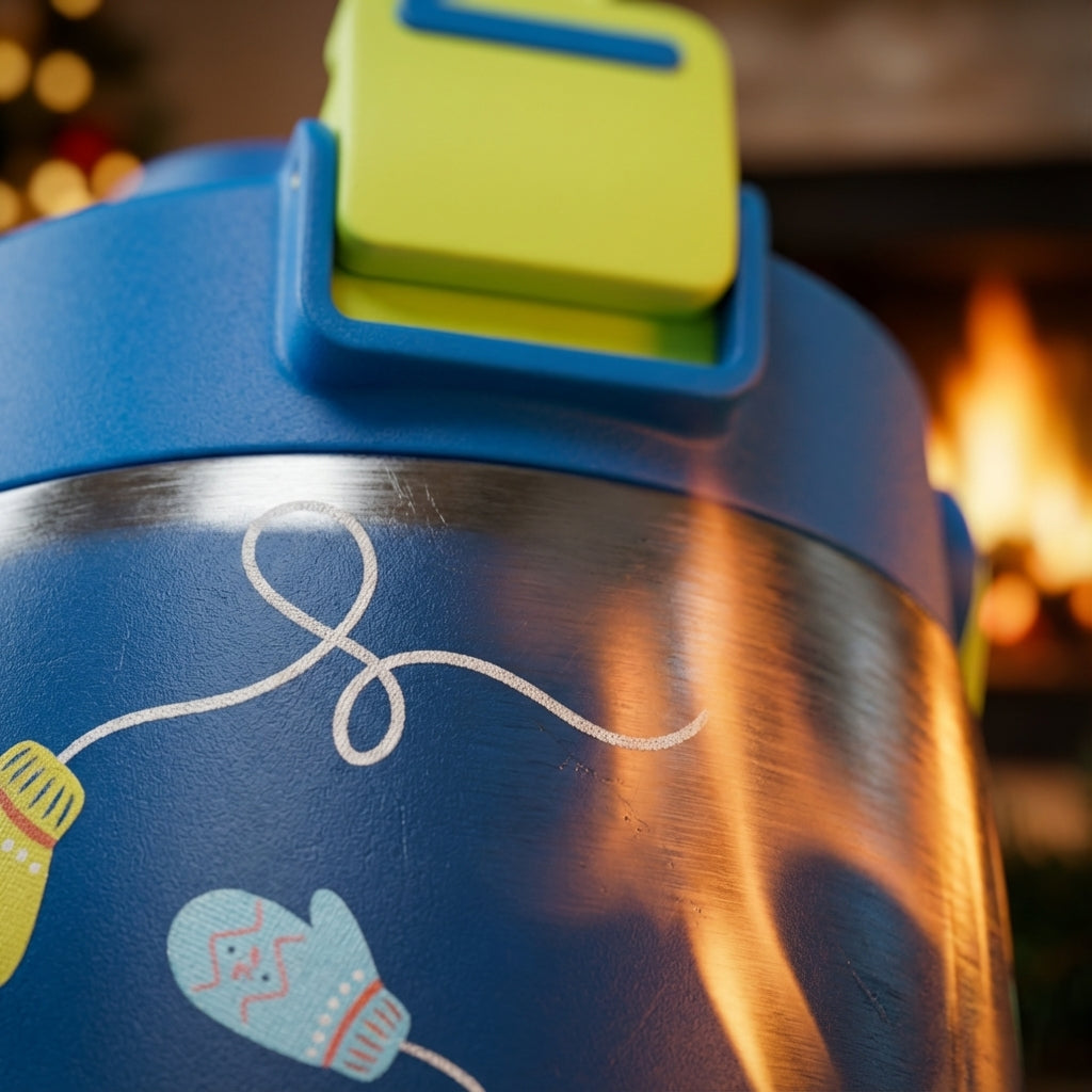 Detail shot - LAMOSE Goose 14oz kids water bottle in navy blue featuring a colorful pattern of connected mittens and a lime green latch