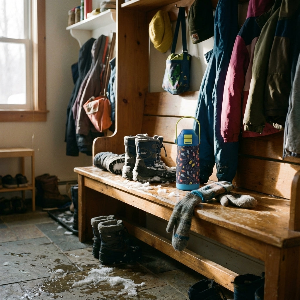 In-Use shot - LAMOSE Goose 14oz kids water bottle in navy blue featuring a colorful pattern of connected mittens and a lime green latch