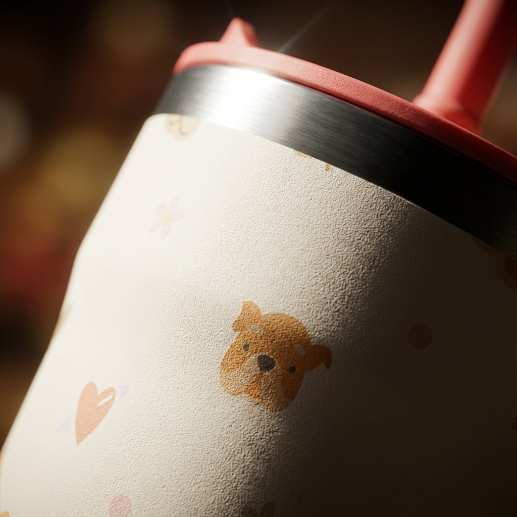 Detail shot - White 16 oz LAMOSE tumbler with coral lid, featuring a pastel pattern of dog faces, hearts, and bones.
