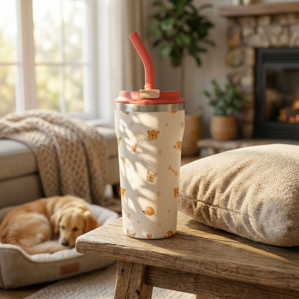 Lifestyle shot - White 16 oz LAMOSE tumbler with coral lid, featuring a pastel pattern of dog faces, hearts, and bones.