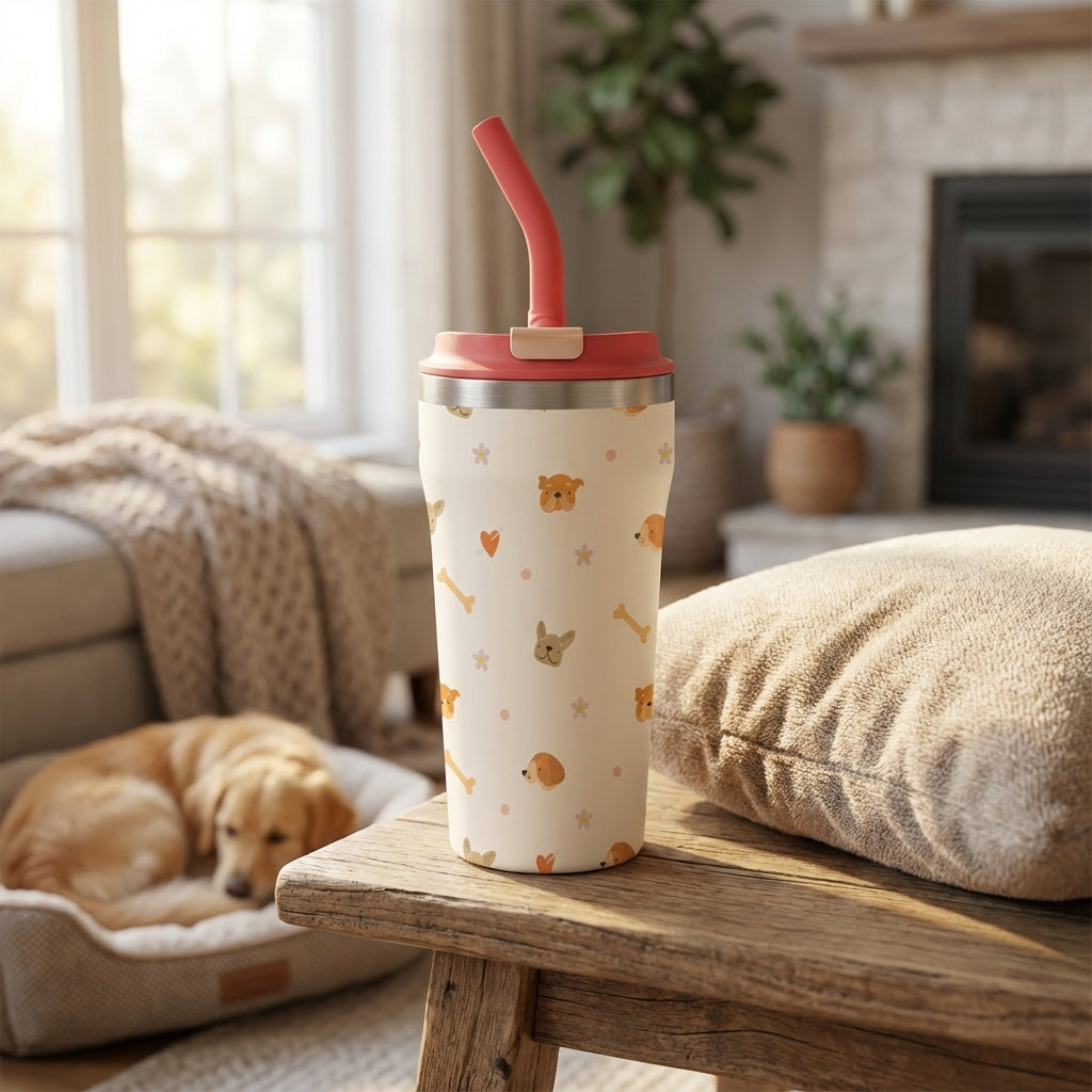 White 16 oz LAMOSE tumbler with coral lid, featuring a pastel pattern of dog faces, hearts, and bones.