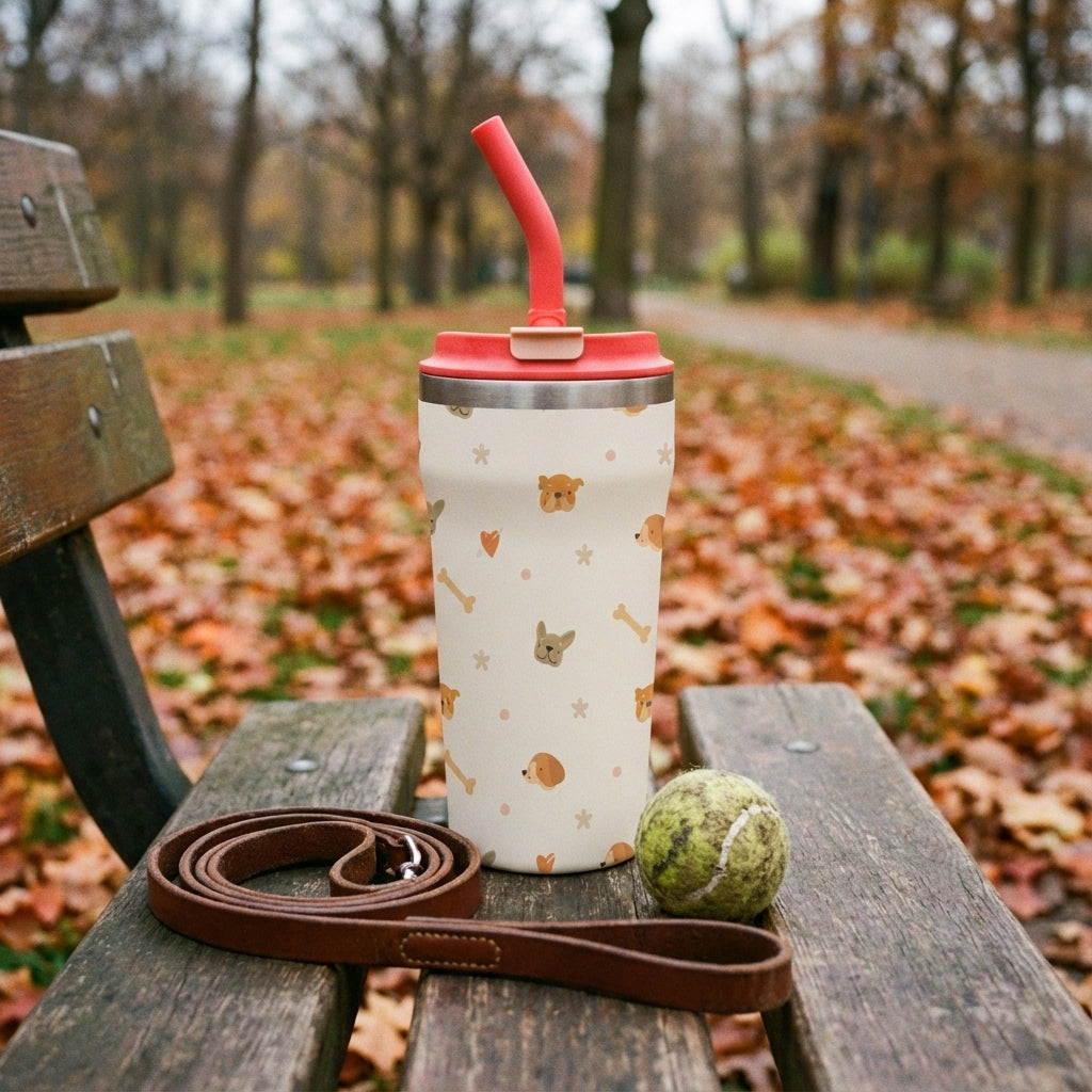 In-Use shot - White 16 oz LAMOSE tumbler with coral lid, featuring a pastel pattern of dog faces, hearts, and bones.