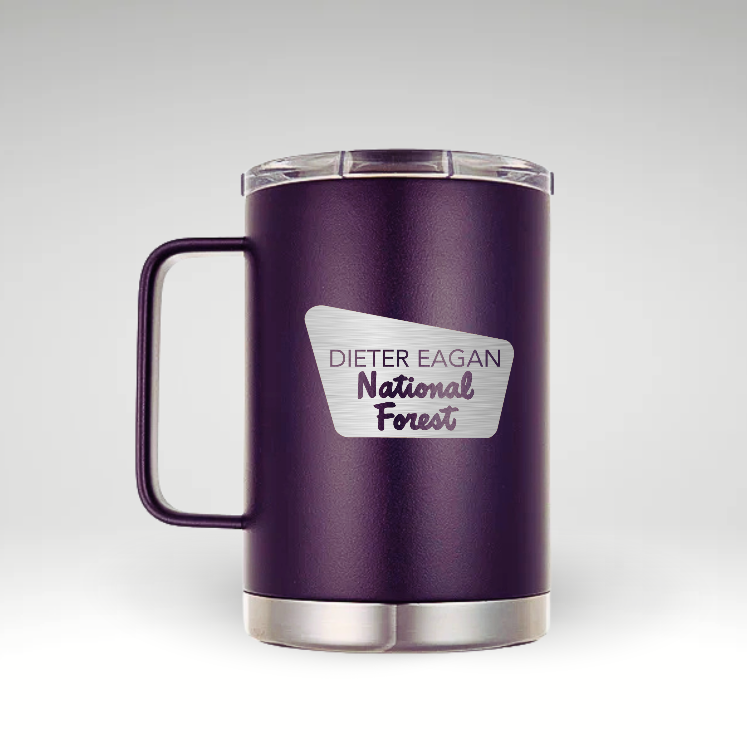 Nova Purple insulated mug with 'Dieter Eagan National Forest' engraving, perfect for camping, hiking, and outdoor adventures.
