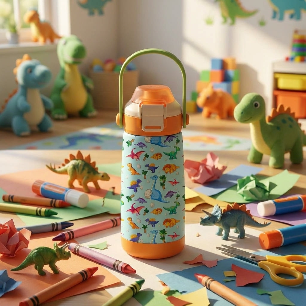 In-Use shot - LAMOSE Goose 14 oz kids water bottle featuring colorful cartoon dinosaurs on a light blue background with orange lid and green handle