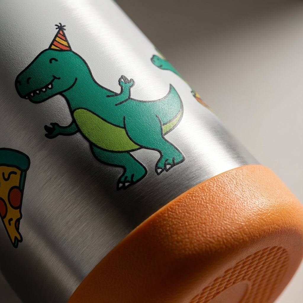 Detail shot - LAMOSE Goose 14oz kids water bottle with orange base and green handle, featuring a pattern of dinosaurs in party hats, pizza, and balloons.