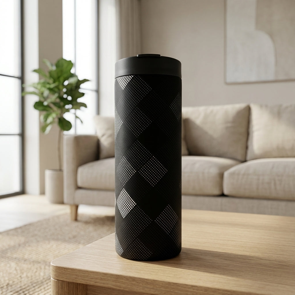 Matte black 16oz insulated tumbler featuring a white geometric pointillist diamond pattern, sitting on a modern table.