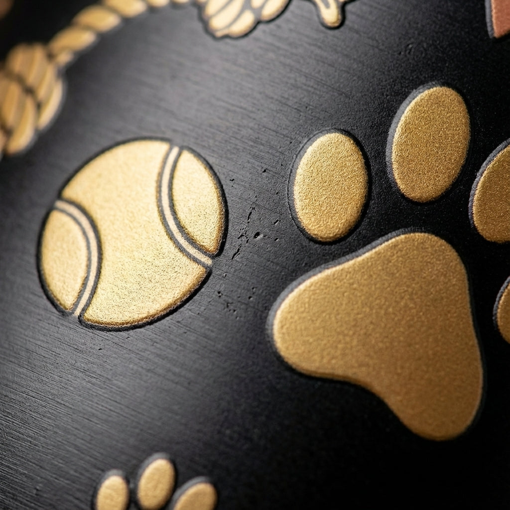 Detail shot - Black stainless steel Whistler 16oz wine tumbler featuring a pattern of paw prints, dog bones, tennis balls, and rope toys