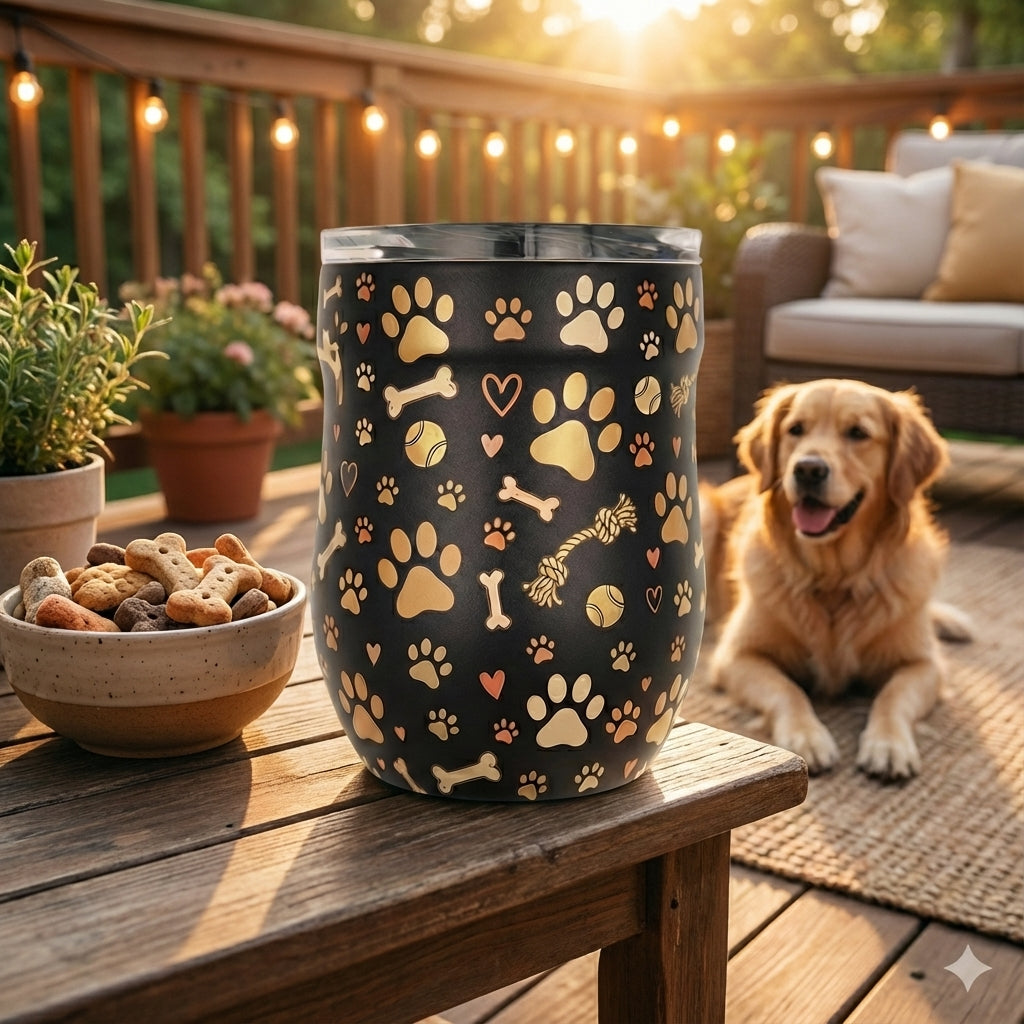 Lifestyle shot - Black stainless steel Whistler 16oz wine tumbler featuring a pattern of paw prints, dog bones, tennis balls, and rope toys