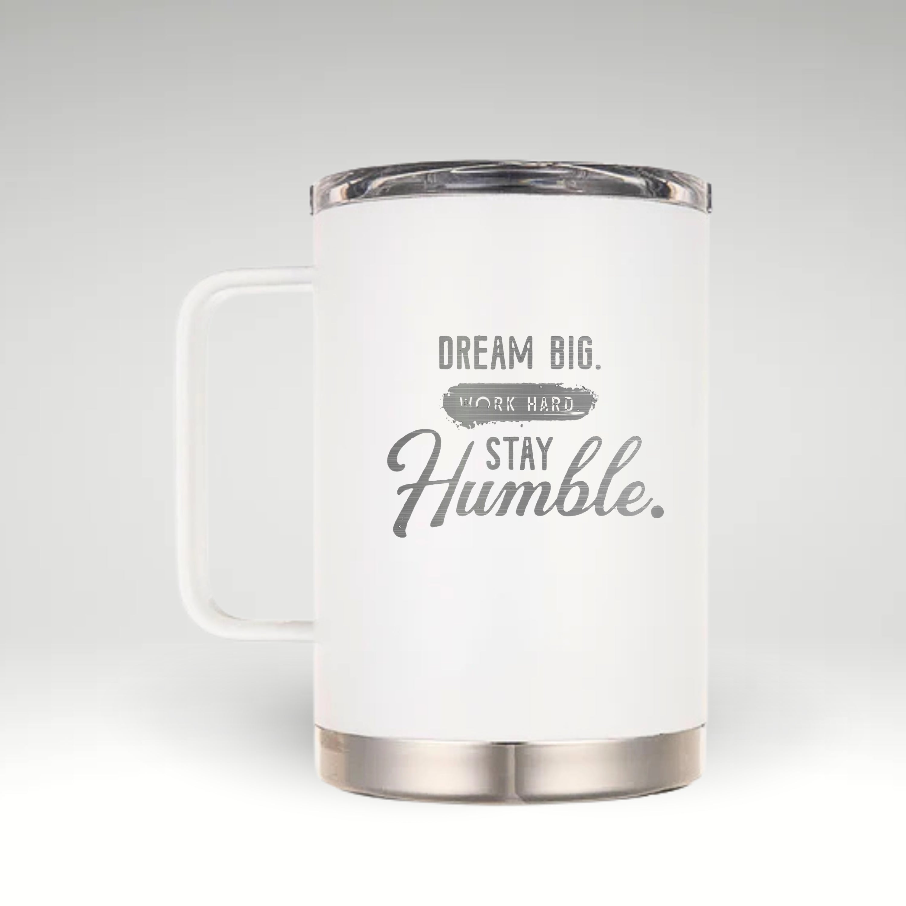Inspiration in Every Sip Insulated black-and-white mug with the motivational phrase 'DREAM BIG. WORK HARD. STAY HUMBLE.'