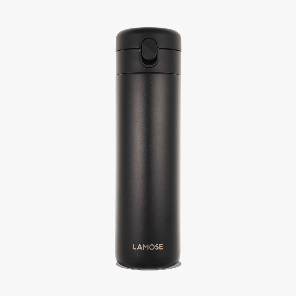 LAMOSE Emerald 16 oz onyx matte stainless steel insulated travel tumbler with push-button lid, front view.