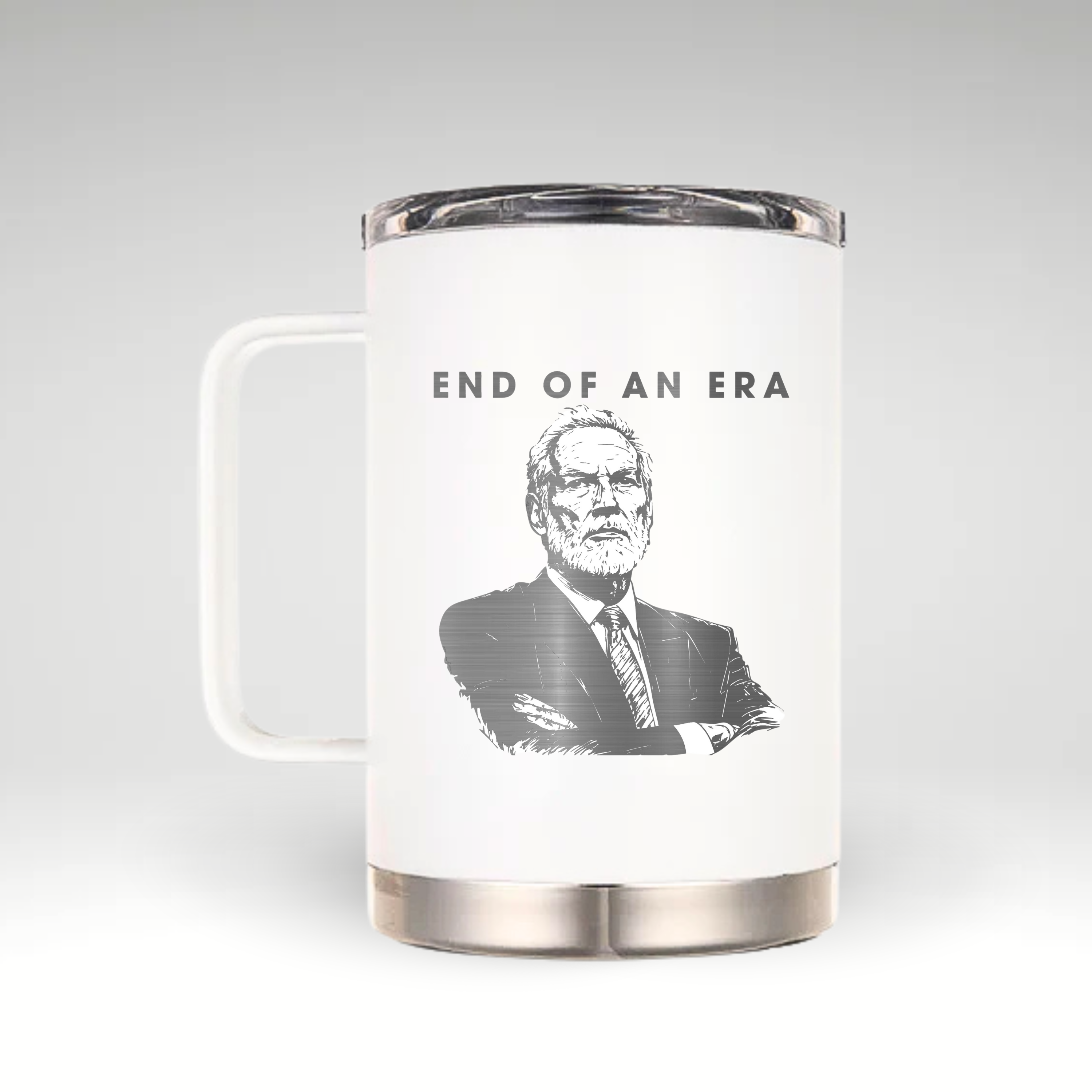 End of an Era Mug Featuring Gregg Popovich Insulated mug featuring Gregg Popovich illustration with END OF AN ERA text.