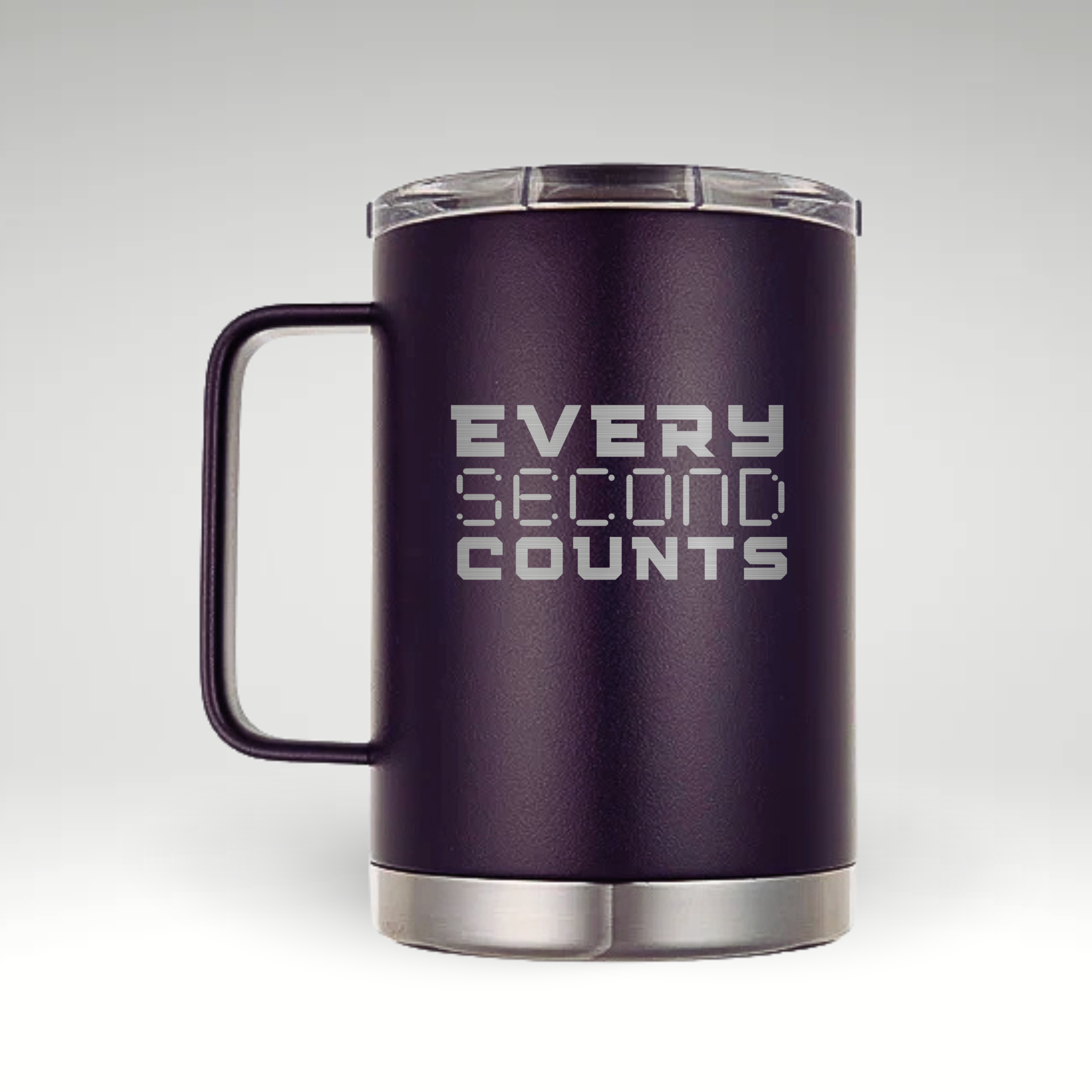 Every Second Counts Insulated Mug Blue insulated mug with bold white text EVERY SECOND COUNTS.