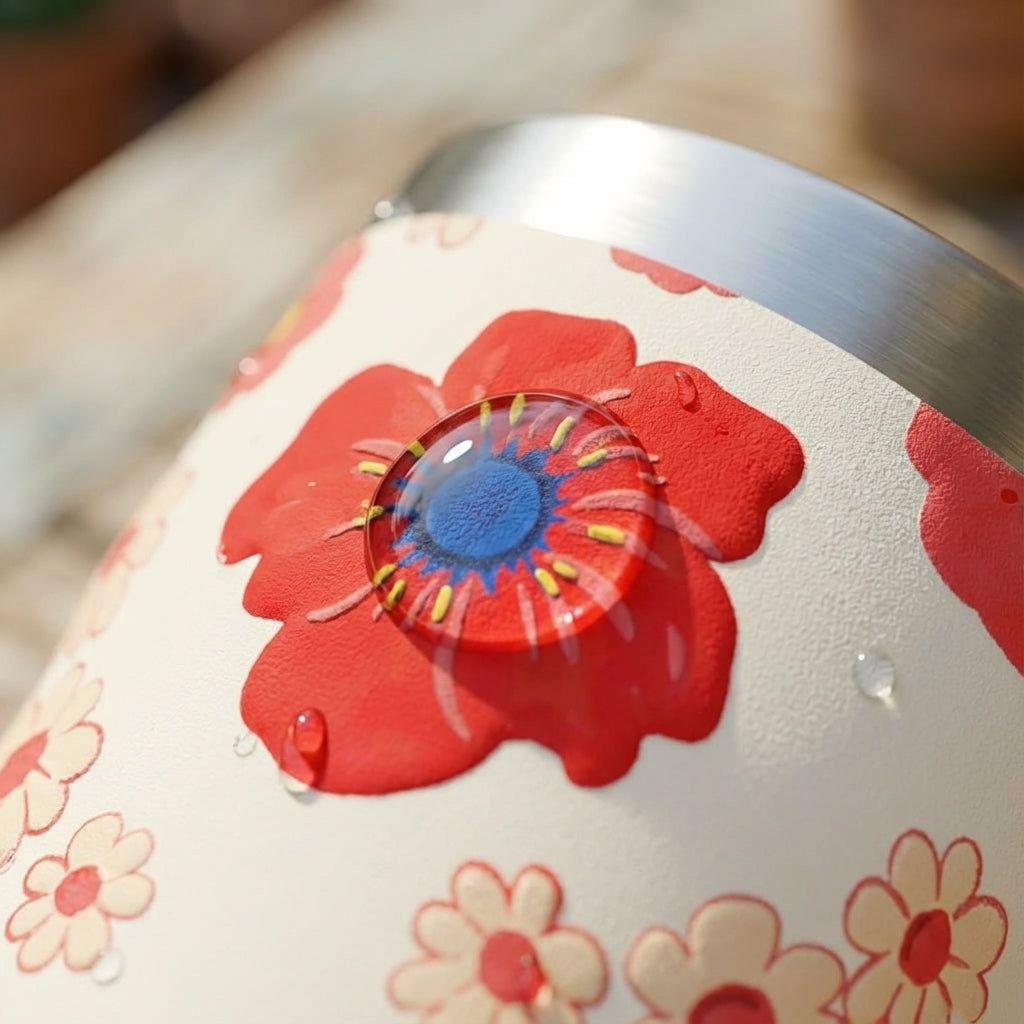 Detail shot - Cream 16 oz insulated tumbler featuring red floral pattern and water droplets in a sunny garden setting