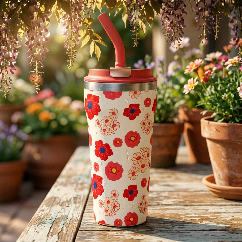 Lifestyle shot - Cream 16 oz insulated tumbler featuring red floral pattern and water droplets in a sunny garden setting