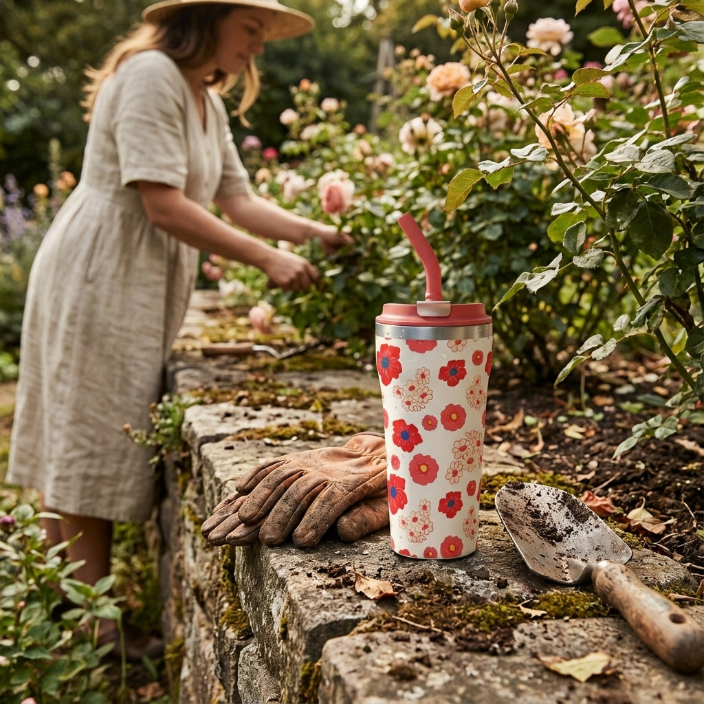 In-Use shot - Cream 16 oz insulated tumbler featuring red floral pattern and water droplets in a sunny garden setting