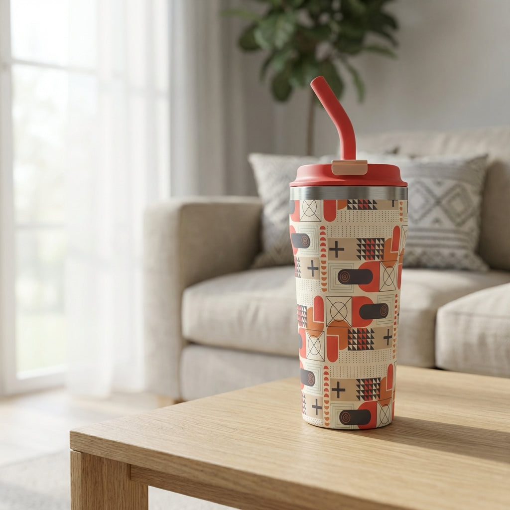 Beige 16oz tumbler with rust, black, and brown geometric shapes sitting on a mid-century modern coffee table