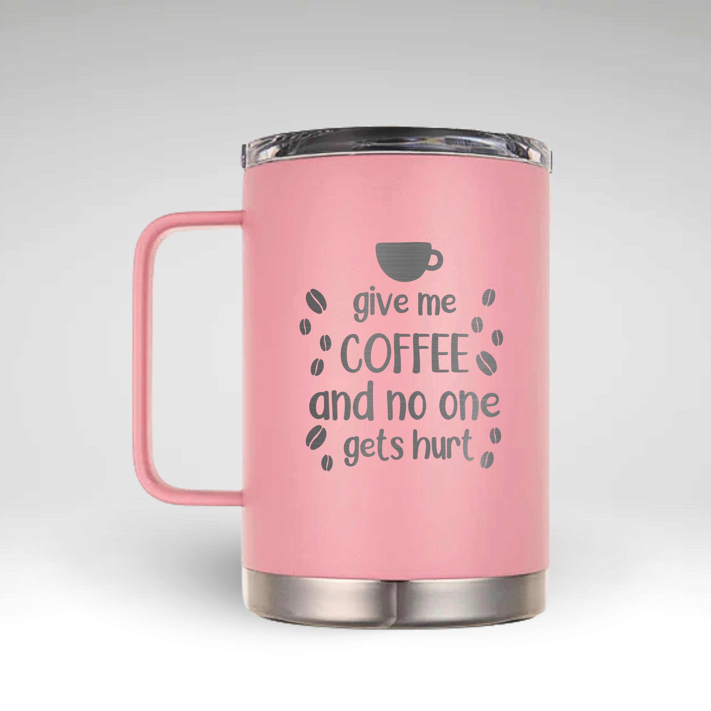 Give Me Coffee Insulated Mug - Stay Hot, Stay Humorous Insulated mug with Give Me Coffee and No One Gets Hurt humorous design, featuring coffee cup and beans.