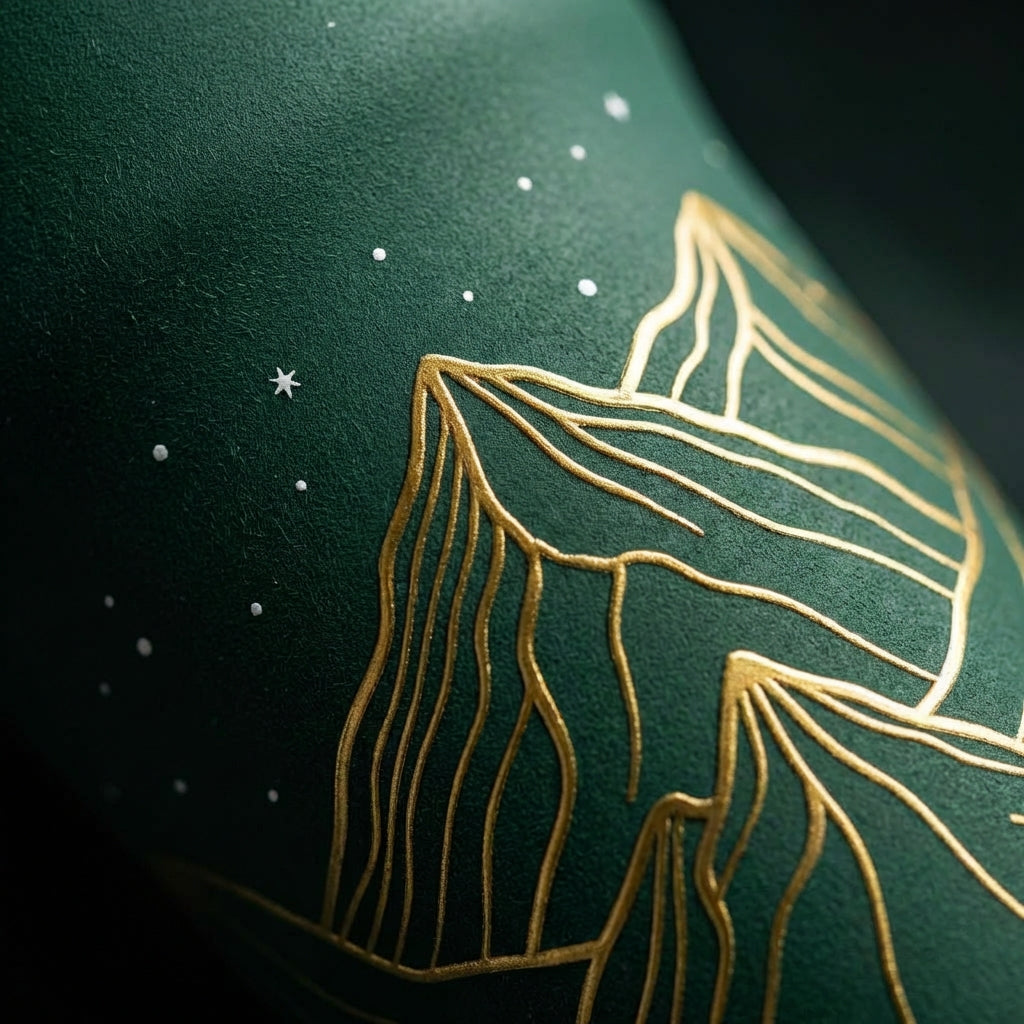 Detail shot - Dark green 16oz tumbler with golden mountain range and moon engraving standing on a rocky surface