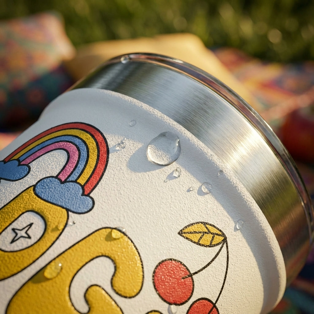 Detail shot - White LAMOSE Peyto 16oz tumbler featuring retro Good Vibes text, cherries, and rainbows sitting on a picnic blanket with fruit and sunglasses.