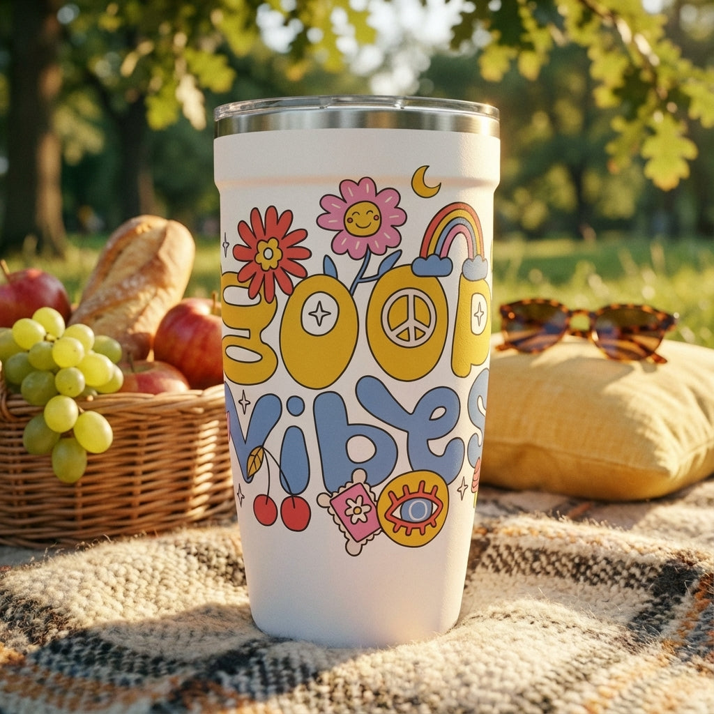Lifestyle shot - White LAMOSE Peyto 16oz tumbler featuring retro Good Vibes text, cherries, and rainbows sitting on a picnic blanket with fruit and sunglasses.