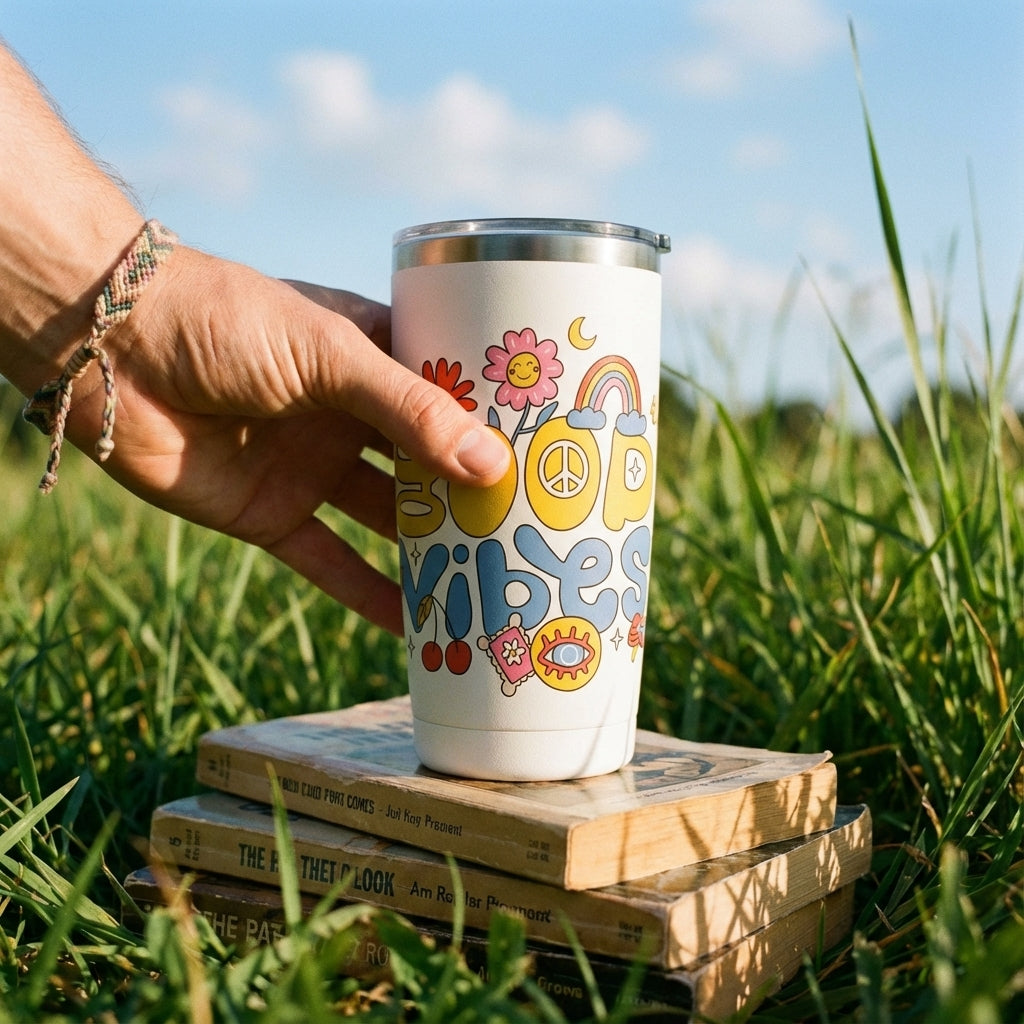 In-Use shot - White LAMOSE Peyto 16oz tumbler featuring retro Good Vibes text, cherries, and rainbows sitting on a picnic blanket with fruit and sunglasses.