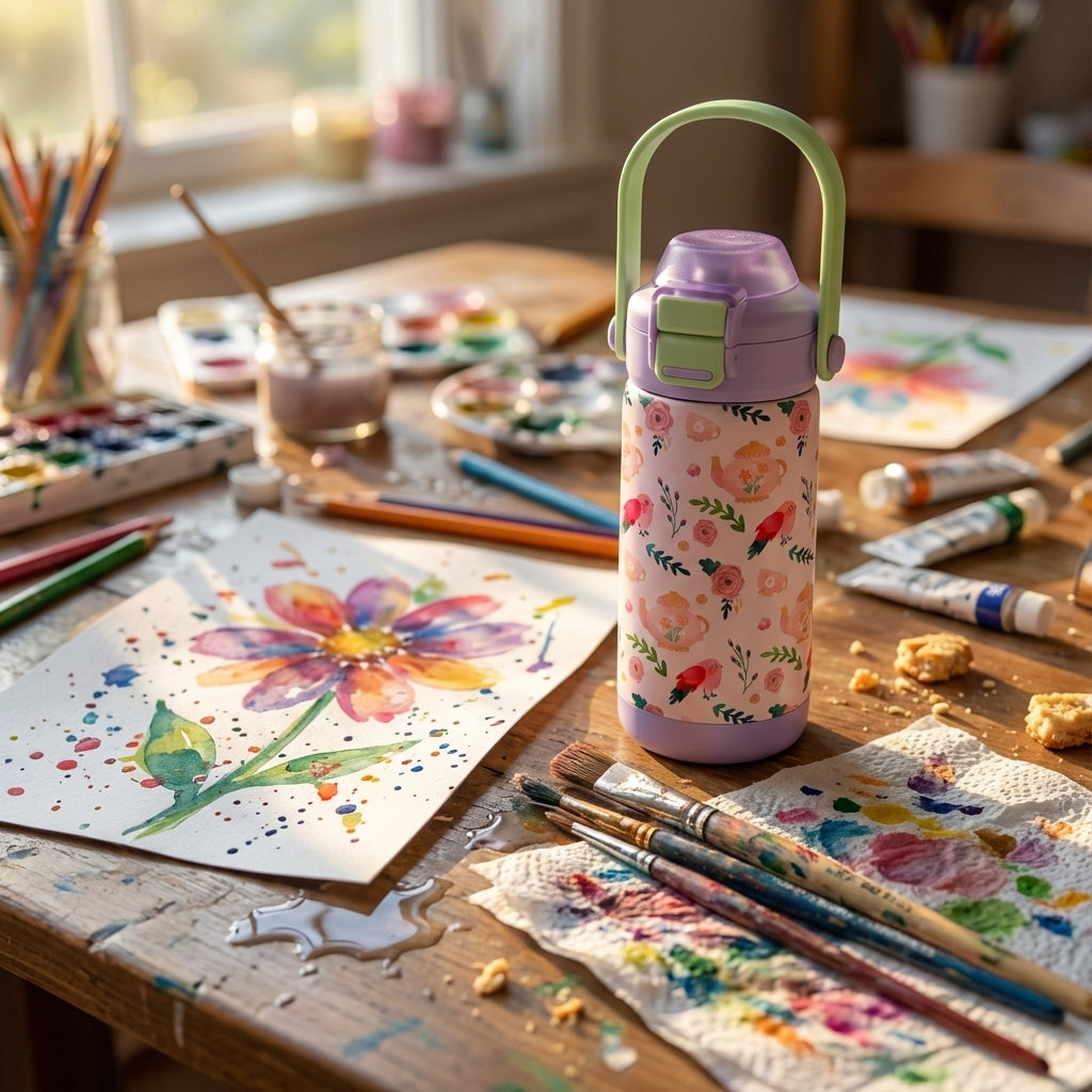In-Use shot - LAMOSE Goose 14 oz kids water bottle with light pink body, peach teapots, roses, red birds pattern, lavender lid and green handle