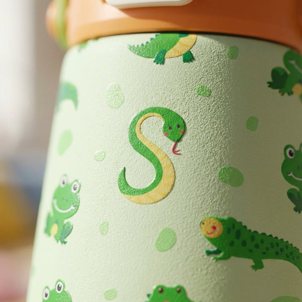 Detail shot - Light green LAMOSE Goose water bottle featuring cartoon crocodiles, frogs, and an S-shaped snake pattern with a bright orange lid and handle.