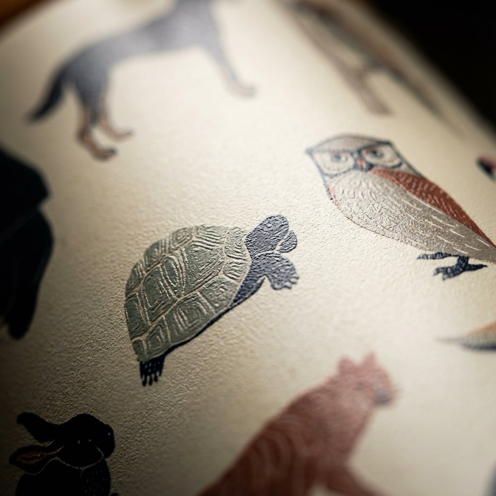 Detail shot - LAMOSE Goose 14 oz kids water bottle with cream body and colorful animal print standing on a wooden surface with dappled sunlight and plants