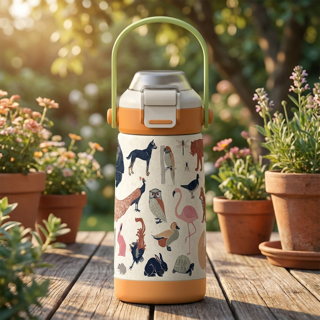 LAMOSE Goose 14 oz kids water bottle with cream body and colorful animal print standing on a wooden surface with dappled sunlight and plants