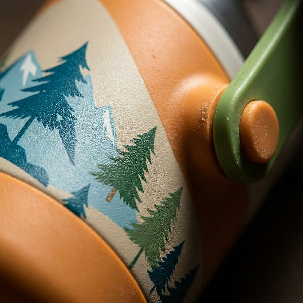 Detail shot - LAMOSE Goose 14 oz kids water bottle featuring a pattern of blue mountains and green trees on a tan background with an orange and green handle.