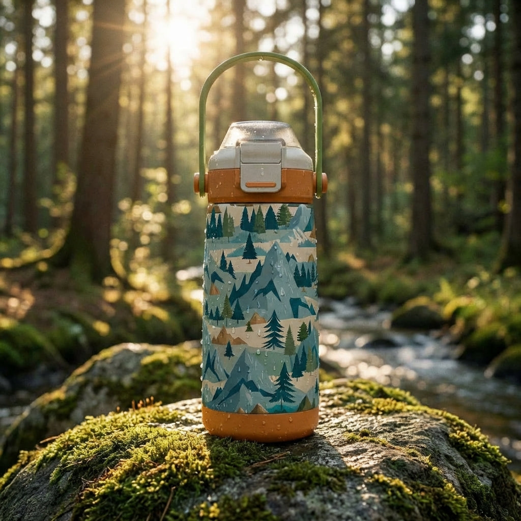 Lifestyle shot - LAMOSE Goose 14 oz kids water bottle featuring a pattern of blue mountains and green trees on a tan background with an orange and green handle.