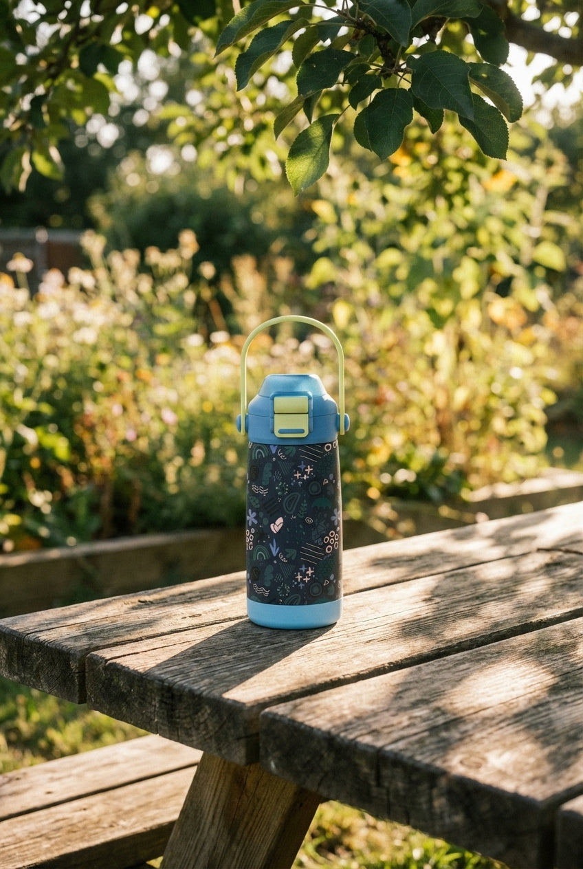 Lifestyle shot - LAMOSE Goose 14 oz kids water bottle featuring light blue base and cap, green handle, and a dark blue body with abstract leaves, hearts, and geometric shapes.