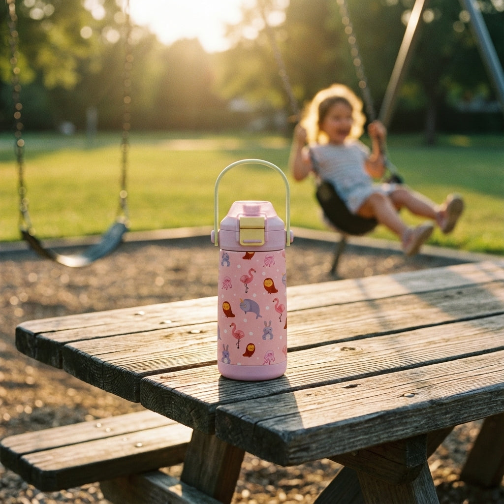 Lifestyle shot - Pink LAMOSE Goose 14oz kids water bottle featuring a pattern of flamingos, owls, rabbits, and narwhals with a purple lid and green handle.