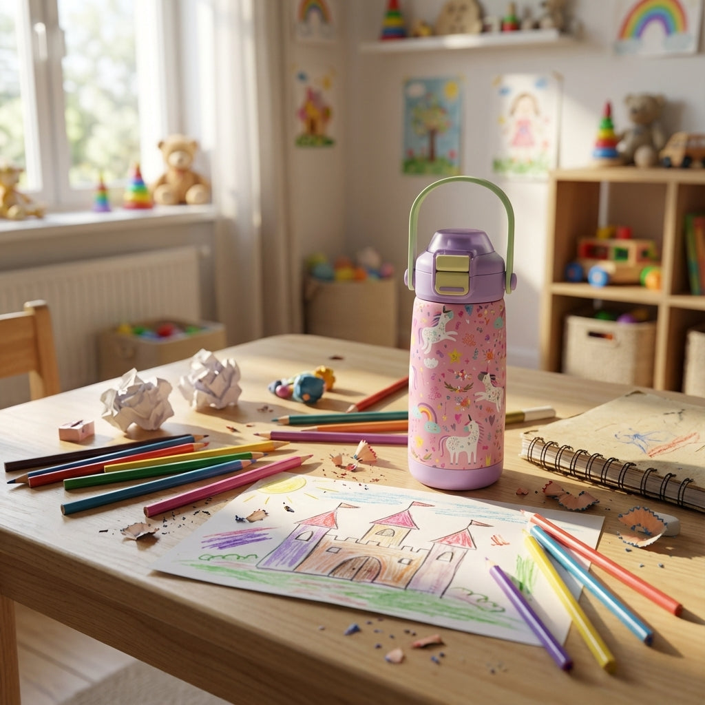 In-Use shot - LAMOSE Goose 14 oz kids water bottle featuring a light purple body, pink section with cartoon unicorns and rainbows, light green handle and yellow clasp.