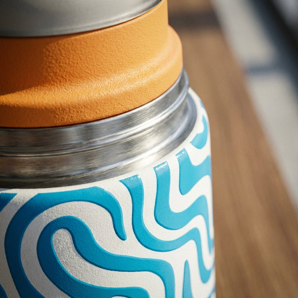 Detail shot - White LAMOSE Goose 14oz kids water bottle with abstract blue flow lines, orange base and lid, standing on a wooden surface.