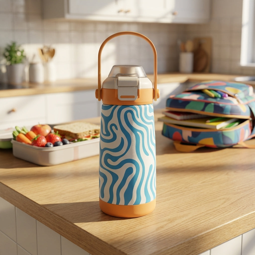 Lifestyle shot - White LAMOSE Goose 14oz kids water bottle with abstract blue flow lines, orange base and lid, standing on a wooden surface.