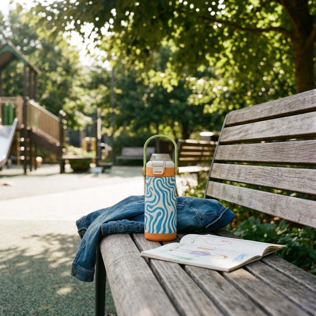 In-Use shot - White LAMOSE Goose 14oz kids water bottle with abstract blue flow lines, orange base and lid, standing on a wooden surface.