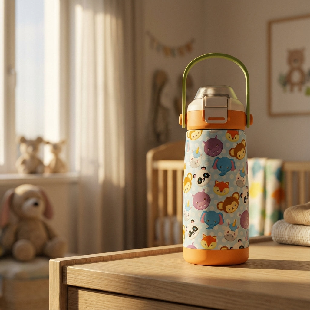 Lifestyle shot - Light blue insulated kids water bottle featuring cartoon monkeys, pandas, and unicorns with an orange lid and green handle on a white nursery dresser.