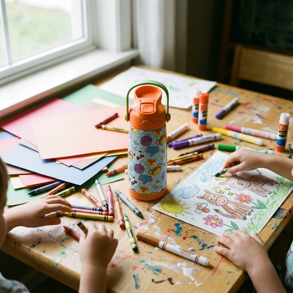 In-Use shot - Light blue insulated kids water bottle featuring cartoon monkeys, pandas, and unicorns with an orange lid and green handle on a white nursery dresser.