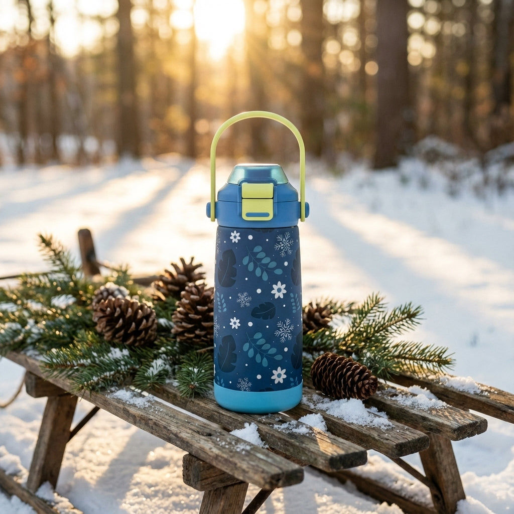 Lifestyle shot - Navy blue Goose 14oz kids water bottle featuring a pattern of white snowflakes, blue leaves, and floral accents with a pale lime green carrying handle.
