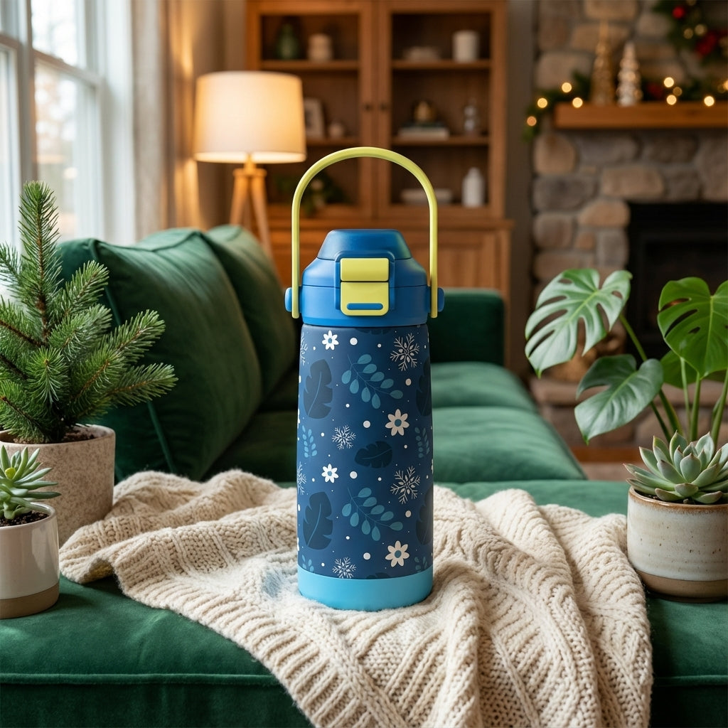 Navy blue Goose 14oz kids water bottle featuring a pattern of white snowflakes, blue leaves, and floral accents with a pale lime green carrying handle.