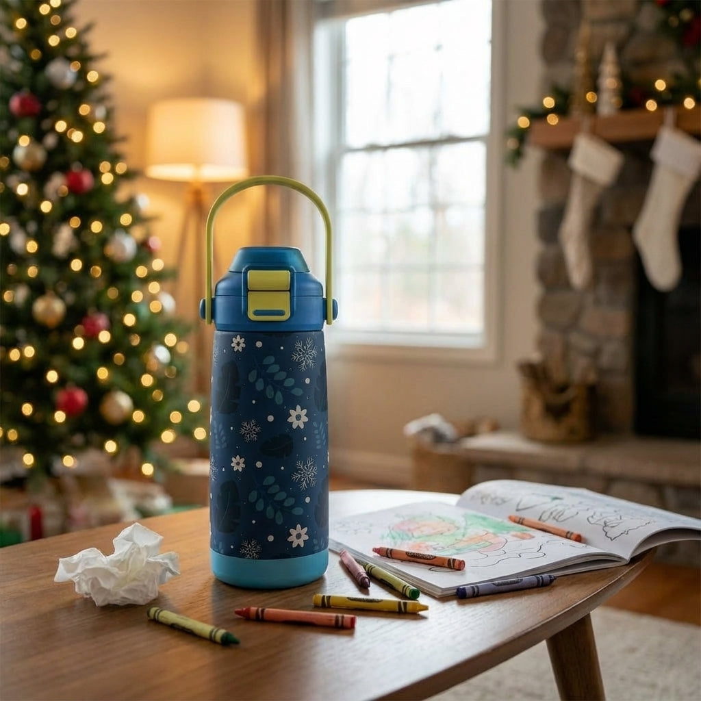 In-Use shot - Navy blue Goose 14oz kids water bottle featuring a pattern of white snowflakes, blue leaves, and floral accents with a pale lime green carrying handle.
