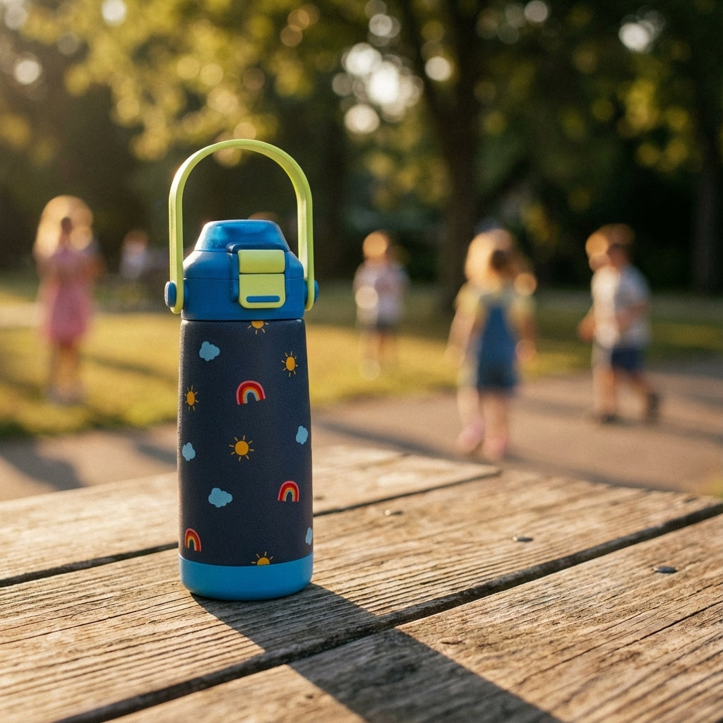 Lifestyle shot - LAMOSE Goose 14oz kids water bottle featuring a dark blue body with playful rainbow, sun, and cloud illustrations, accented by a lime green handle and latch.