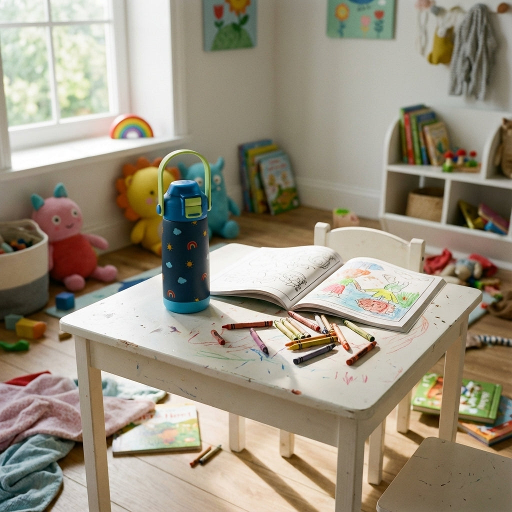 In-Use shot - LAMOSE Goose 14oz kids water bottle featuring a dark blue body with playful rainbow, sun, and cloud illustrations, accented by a lime green handle and latch.